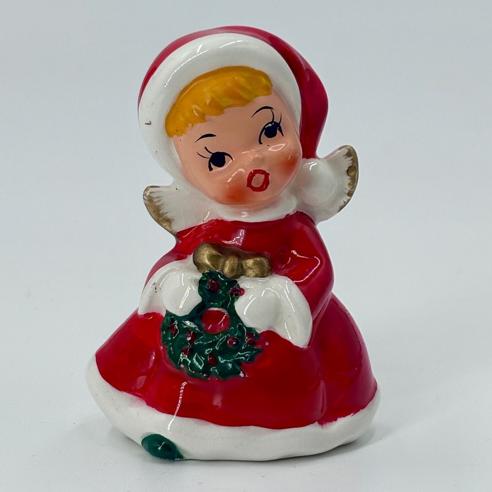 MCM Christmas Angel Figurine Napco Style Caroler Wreath Gold‎ Wings Japan - Picture 2 of 11